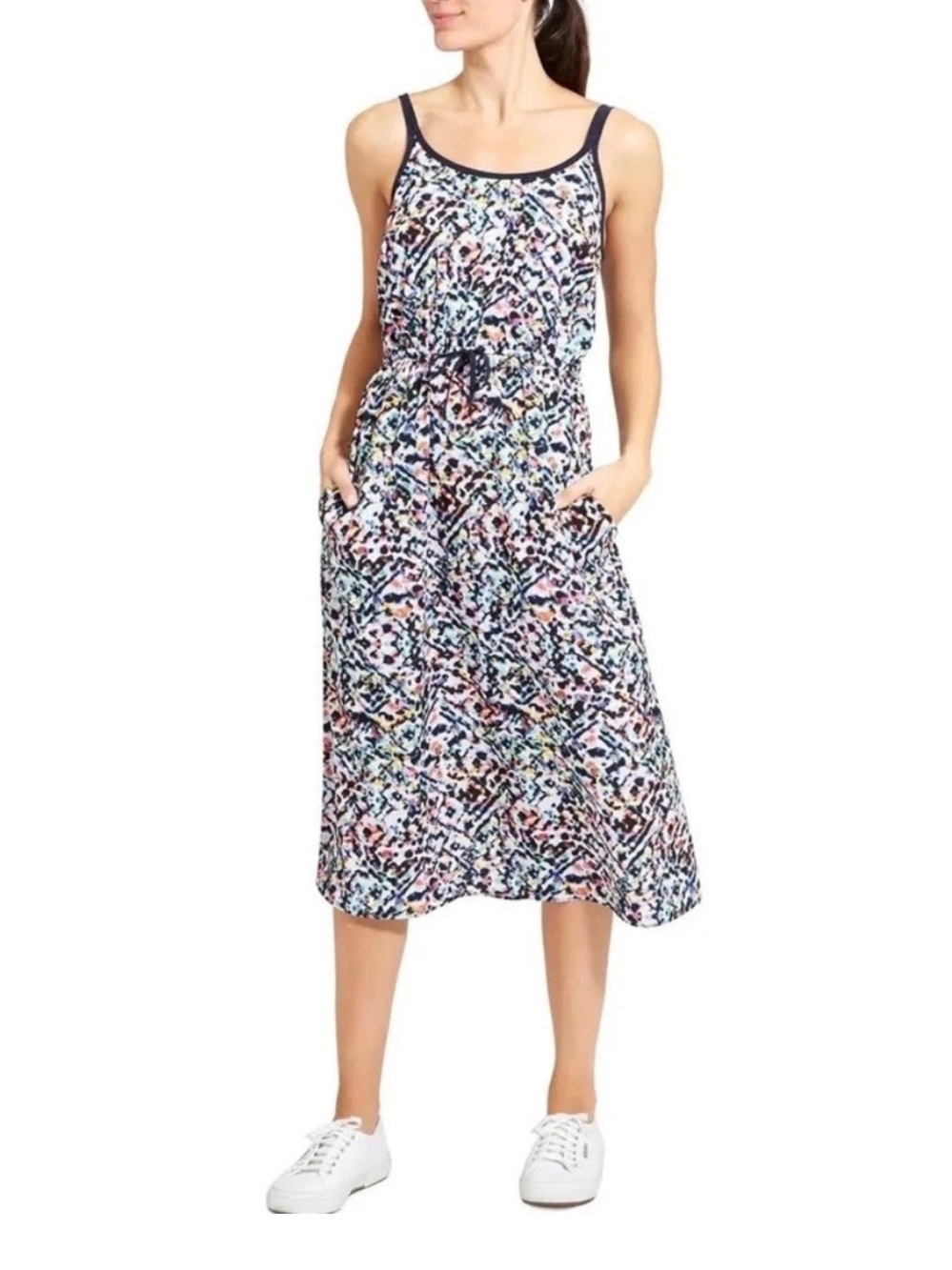 Athleta Small Sunbeam Easy Breezy Midi Dress Multicolor Pockets Lightweight